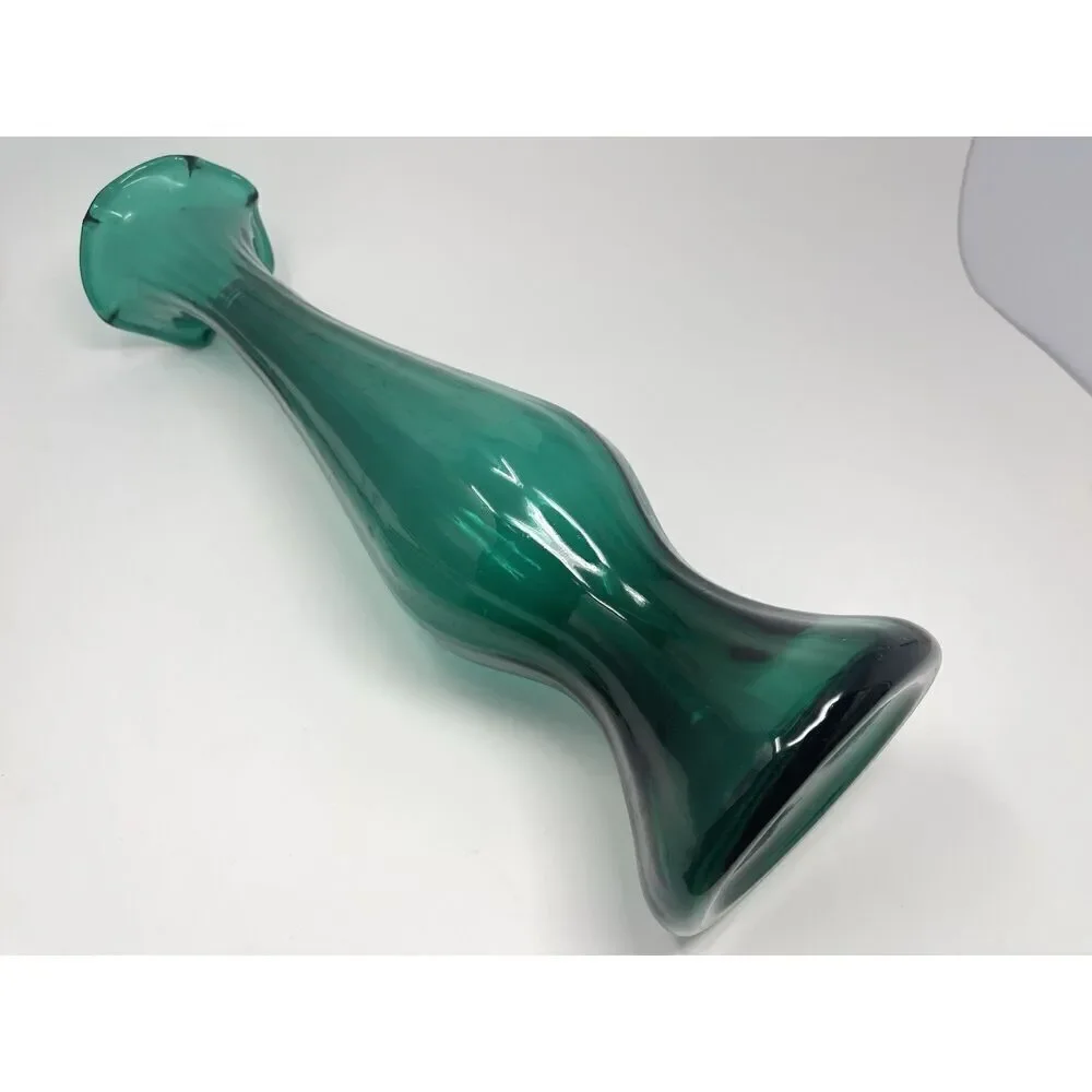Empoli Fiorentina Glass Vintage MCM Green Turquoise Swung Floor Vase 19” Italian